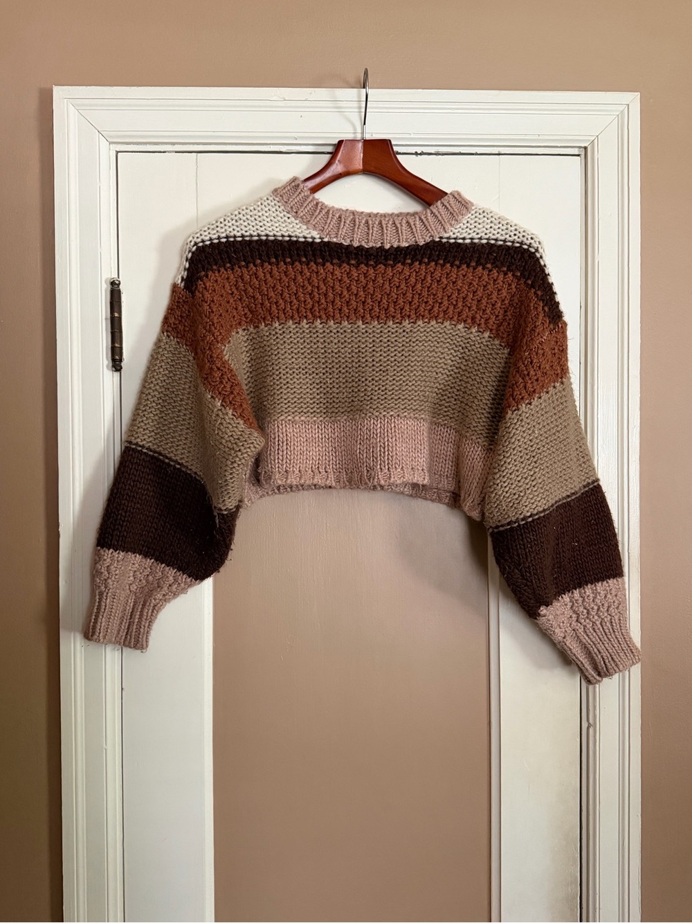 Altar'd State Cropped Striped Crewneck Sweater - Pink, Brown & Taupe